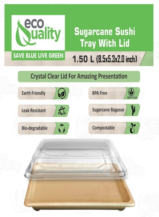 EcoQuality X-Large Compostable Sushi Trays with Lids - Natural Sugarcane Bagasse Take Out Sushi Container - Biodegradable, Disposable Sushi Plate with Lid, Eco Friendly, to go, Serving Tray (25) - Image 2