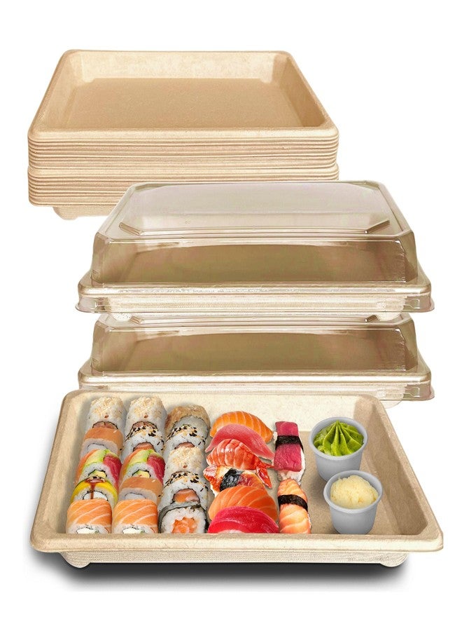 EcoQuality X-Large Compostable Sushi Trays with Lids - Natural Sugarcane Bagasse Take Out Sushi Container - Biodegradable, Disposable Sushi Plate with Lid, Eco Friendly, to go, Serving Tray (25) - Image 1