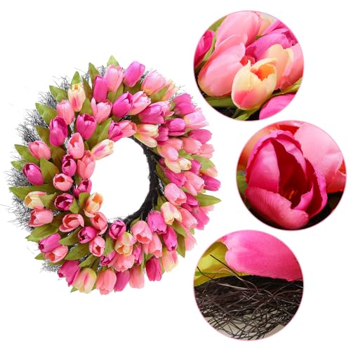 Huadanbor Wreaths, Tulip Wreath, 24 Inch Wreath for Front Door, Spring Wreaths with Metal Hanger, for Summer and Winter, Indoors,Outdoors, corridors, Offices. (Pink) - Image 3