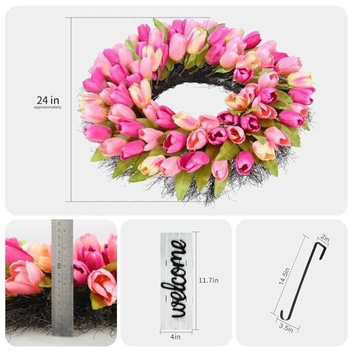 Huadanbor Wreaths, Tulip Wreath, 24 Inch Wreath for Front Door, Spring Wreaths with Metal Hanger, for Summer and Winter, Indoors,Outdoors, corridors, Offices. (Pink) - Image 2