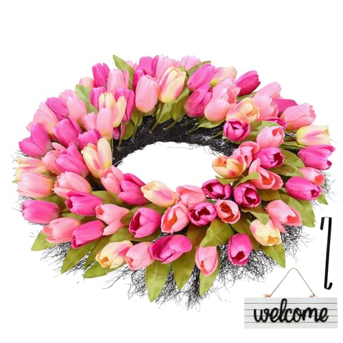 Huadanbor Wreaths, Tulip Wreath, 24 Inch Wreath for Front Door, Spring Wreaths with Metal Hanger, for Summer and Winter, Indoors,Outdoors, corridors, Offices. (Pink) - Image 4