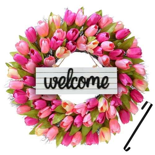 Huadanbor Wreaths, Tulip Wreath, 24 Inch Wreath for Front Door, Spring Wreaths with Metal Hanger, for Summer and Winter, Indoors,Outdoors, corridors, Offices. (Pink) - Image 1
