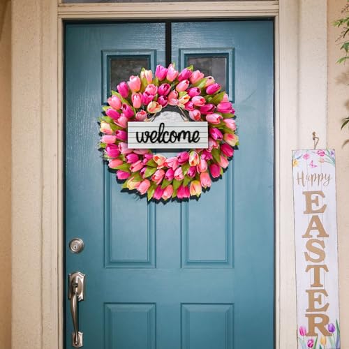 Huadanbor Wreaths, Tulip Wreath, 24 Inch Wreath for Front Door, Spring Wreaths with Metal Hanger, for Summer and Winter, Indoors,Outdoors, corridors, Offices. (Pink) - Image 5