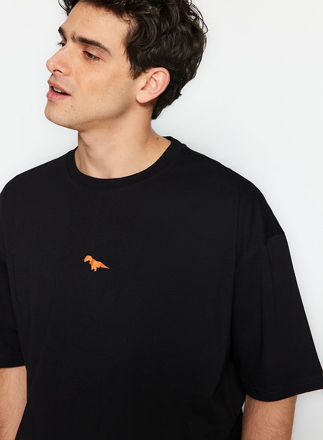 trendyol Black Oversize Fit Crew Neck Short Sleeve Dinosaur Embroidered 100% Cotton T-Shirt TMNSS23TS00243 - Image 2