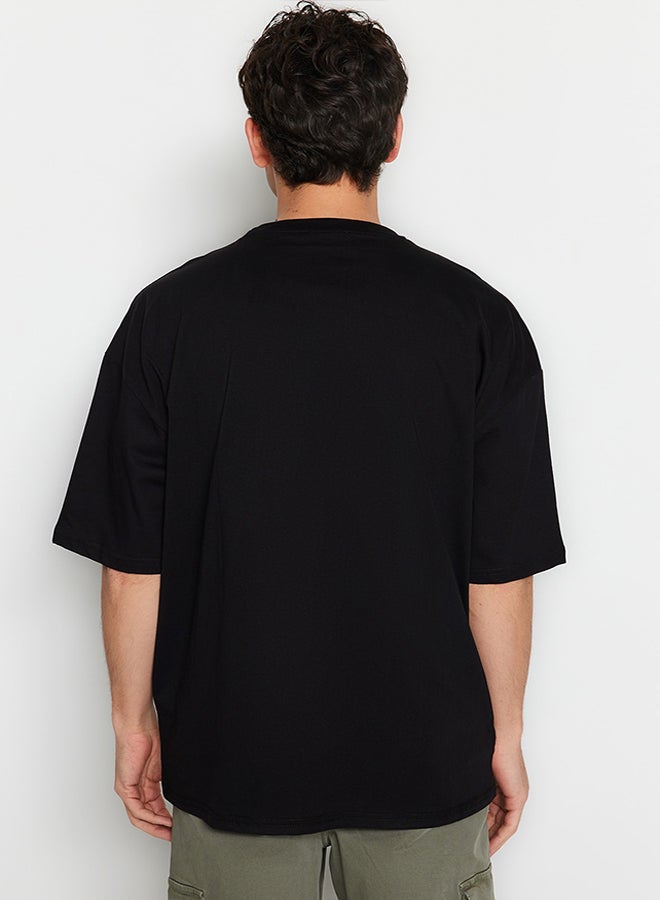 trendyol Black Oversize Fit Crew Neck Short Sleeve Dinosaur Embroidered 100% Cotton T-Shirt TMNSS23TS00243 - Image 5