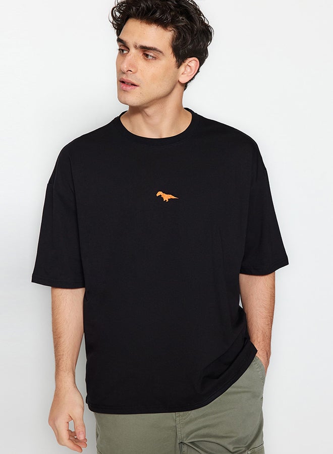 trendyol Black Oversize Fit Crew Neck Short Sleeve Dinosaur Embroidered 100% Cotton T-Shirt TMNSS23TS00243 - Image 3