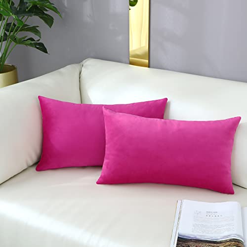 mixeoo Comfy Hot Pink Throw Pillow Covers Decorative Lumbar Rectangle Thick Velvet Super Soft Cushion Cases Home Decor for Sofa Couch Living Room, Set of 2, 12 x 20 Inch - Image 3