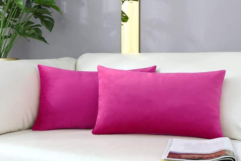 mixeoo Comfy Hot Pink Throw Pillow Covers Decorative Lumbar Rectangle Thick Velvet Super Soft Cushion Cases Home Decor for Sofa Couch Living Room, Set of 2, 12 x 20 Inch - Image 2