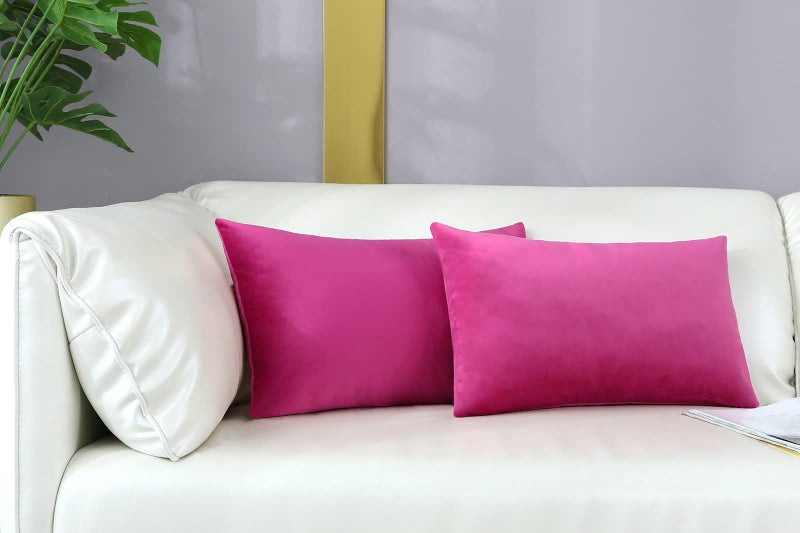 mixeoo Comfy Hot Pink Throw Pillow Covers Decorative Lumbar Rectangle Thick Velvet Super Soft Cushion Cases Home Decor for Sofa Couch Living Room, Set of 2, 12 x 20 Inch - Image 1