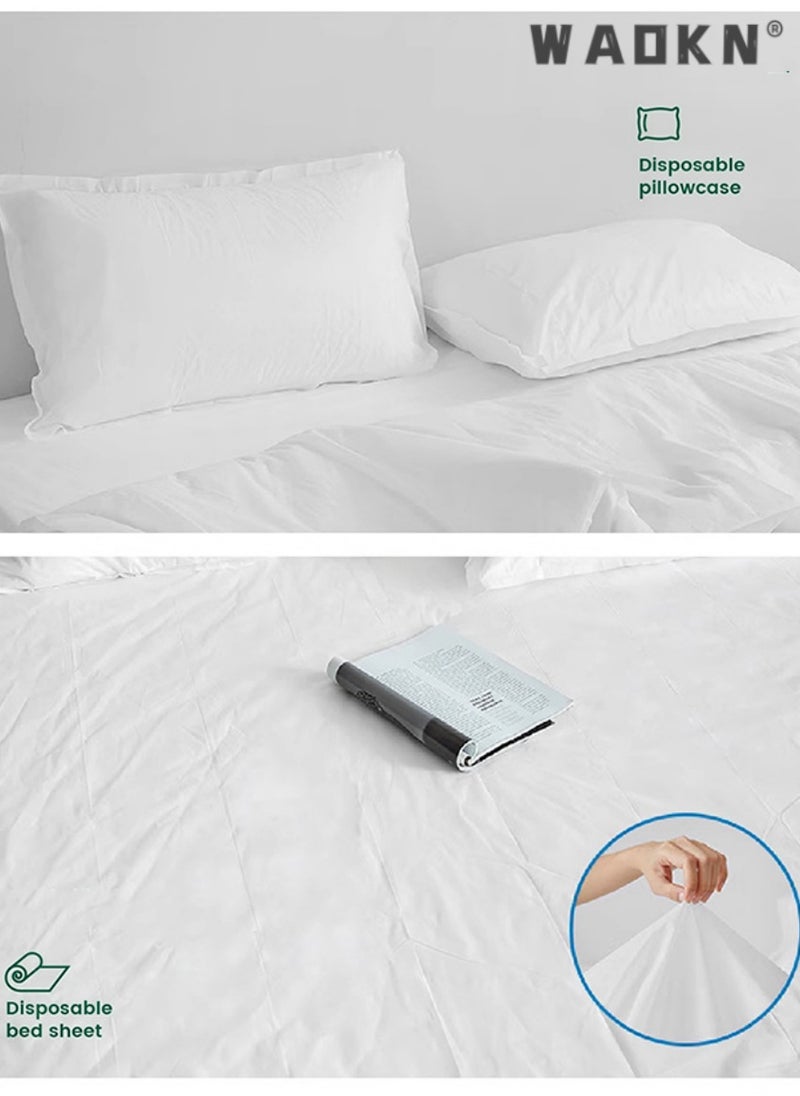 WAOKN 4Pcs Disposable Bedding Set Travel Disposable Bed Sheets,Travel Pillow and Blanket Set,Portable Disposable Bed Sheets, for Business Trips, Hotels Non Washable Travel Supplies 230cm*220cm White  - Image 4