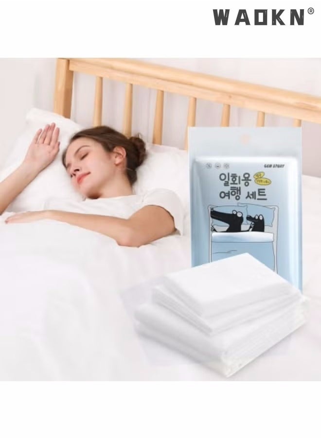 WAOKN 4Pcs Disposable Bedding Set Travel Disposable Bed Sheets,Travel Pillow and Blanket Set,Portable Disposable Bed Sheets, for Business Trips, Hotels Non Washable Travel Supplies 230cm*220cm White  - Image 1