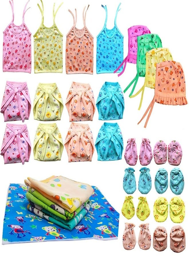 Bigbought New Born Baby Care Cloth Set Combo (Set of 28, 4Jhabla, 8Nappy, 8Mittens,4Cap Hosiery Material and 4 Plastic mat, Random Print - Image 1