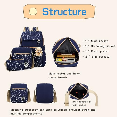 Bansusu Star Print Girls Backpacks Set for School, School Bags Backpack Bookbags for Teenage Girls, with Crossbody Bag, 3 Pieces - Image 5