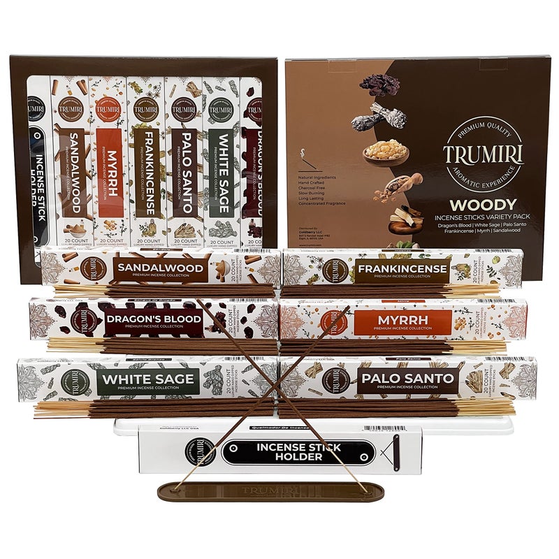 TRUMIRI Woody Incense Sticks Variety Pack  120 InsenceSticks 6 Incents x 20 Insense  White Sage Palo Santo Dragons Blood Sandalwood  Natural InscentsSticks Non Toxic Cleansing Incienso  Burner Holder