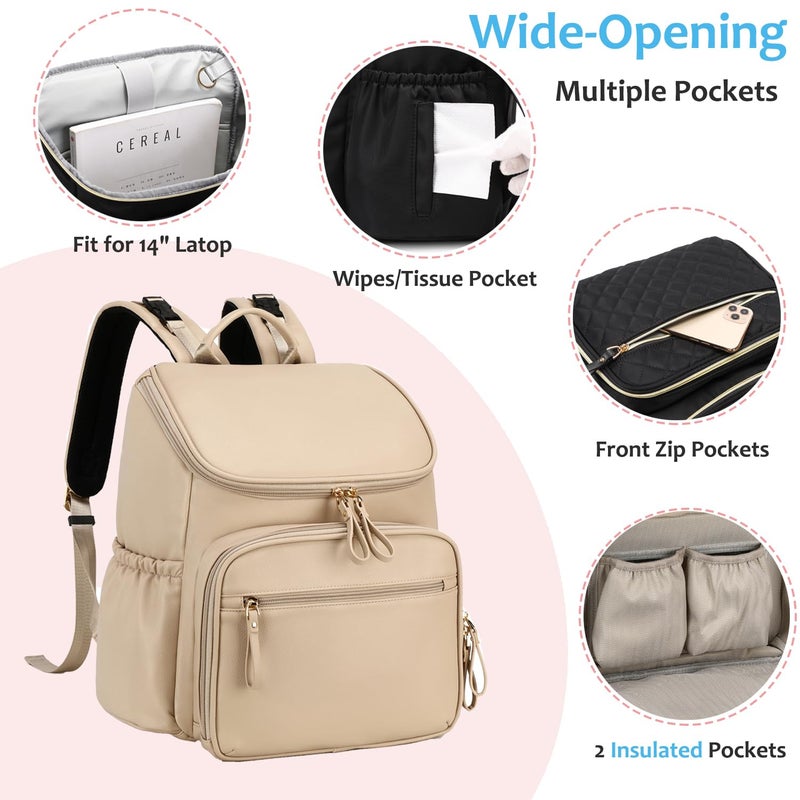LORADI Large Capacity Diaper Bag Backpack with Stroller Buckle, Water-Resistant Travel Baby Bag with Insulated Pockets (Classic, Beige) - Image 4