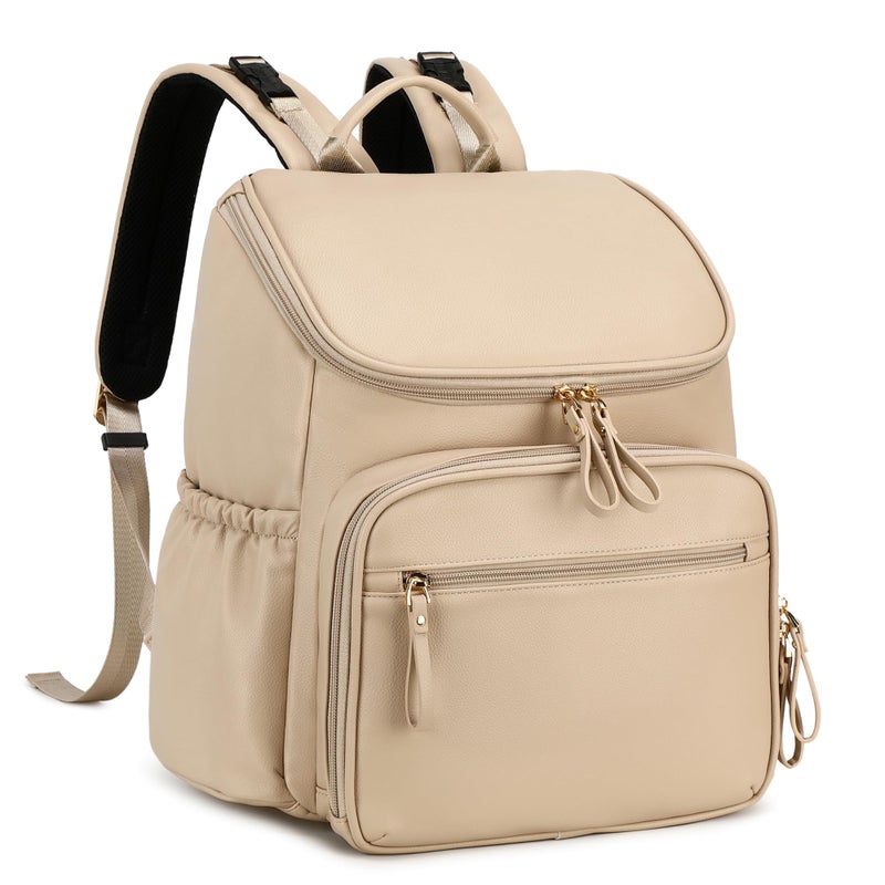 LORADI Large Capacity Diaper Bag Backpack with Stroller Buckle, Water-Resistant Travel Baby Bag with Insulated Pockets (Classic, Beige) - Image 1