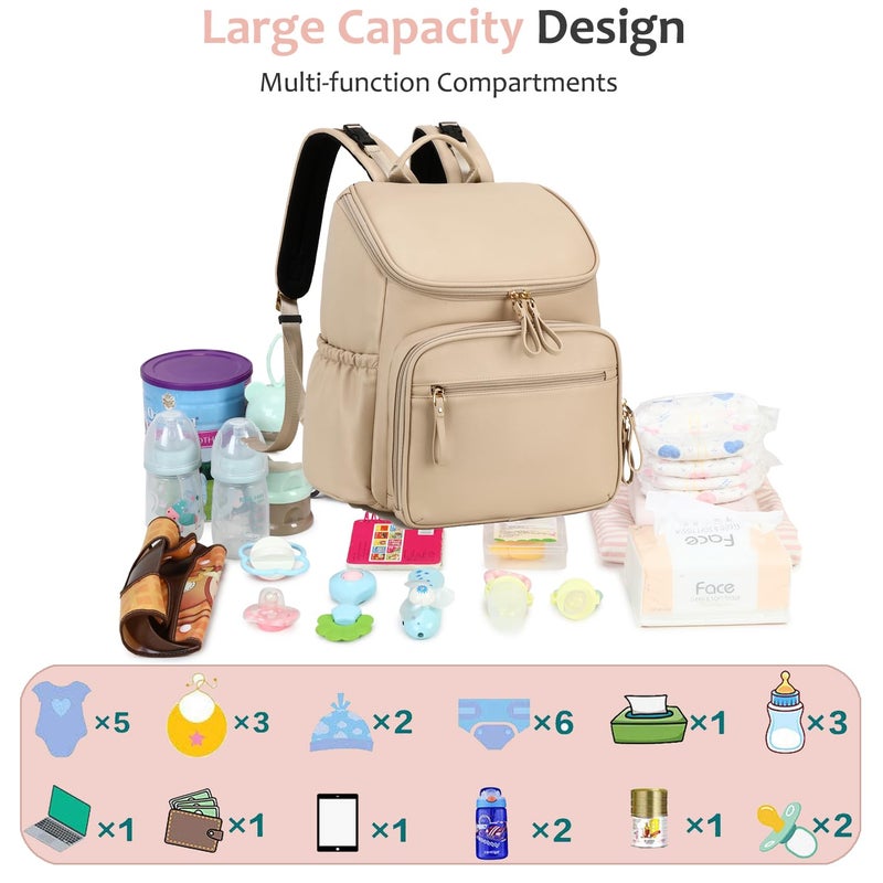 LORADI Large Capacity Diaper Bag Backpack with Stroller Buckle, Water-Resistant Travel Baby Bag with Insulated Pockets (Classic, Beige) - Image 2