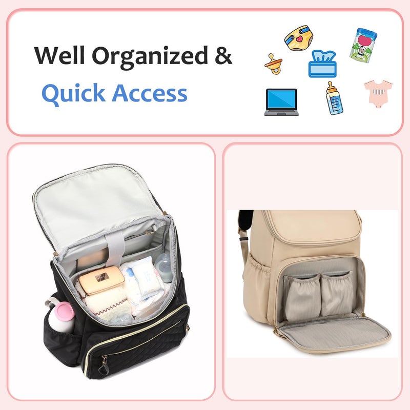 LORADI Large Capacity Diaper Bag Backpack with Stroller Buckle, Water-Resistant Travel Baby Bag with Insulated Pockets (Classic, Beige) - Image 3
