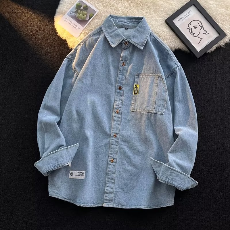 Long Sleeve Denim Work Shirt Mens Trendy X317 Blue