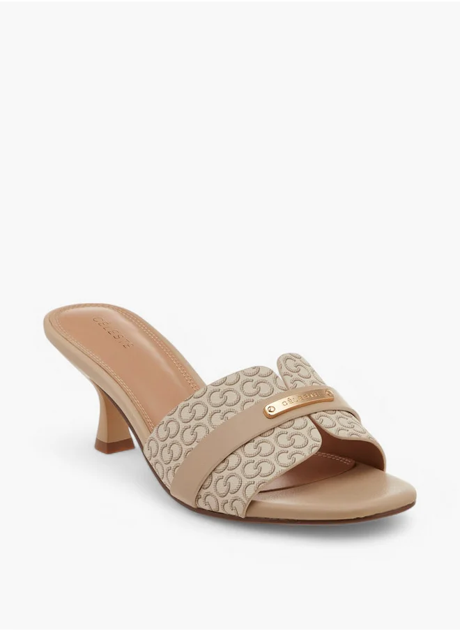 Celeste Women's Monogram Detail Slip-On Sandals with Kitten Heels