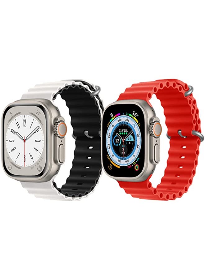 IAF - Silicone Ocean Band Strap for Apple Watch Ultra 8 49mm White/Black Double Side Strap with Red Single Color Strap Set of 2 - Image 1