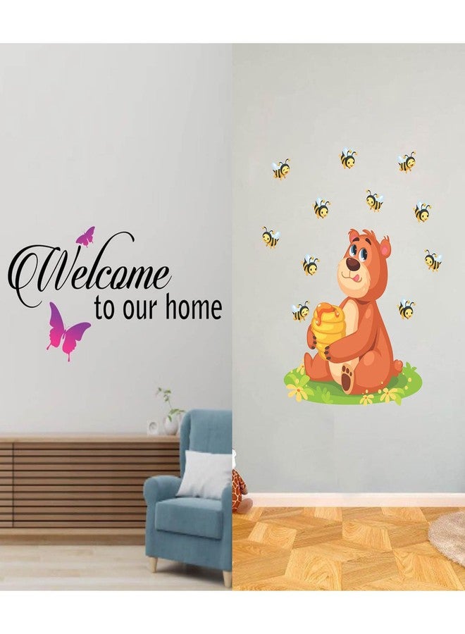 WALLBOOK Set of 2 Wall Stickers Welcome Home Butterfly | Bear with Honey for Home, Hall, Bedroom, Livingroom & Kitchen - Image 1