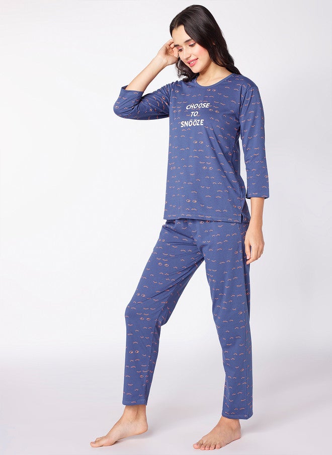 beebelle Navy Blue & White Graphic Printed Night Suit - Image 4