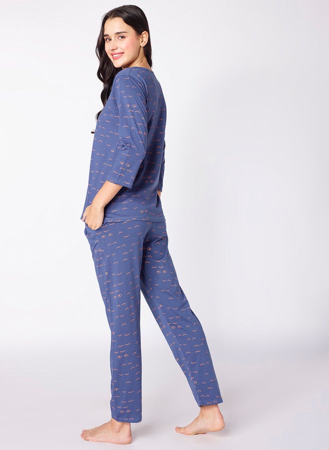 beebelle Navy Blue & White Graphic Printed Night Suit - Image 5