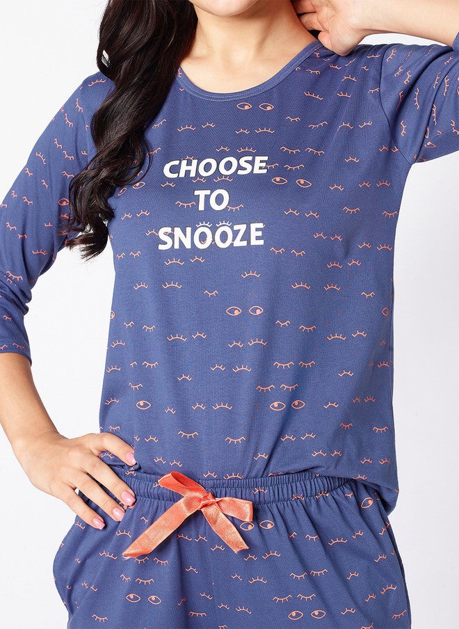 beebelle Navy Blue & White Graphic Printed Night Suit - Image 3