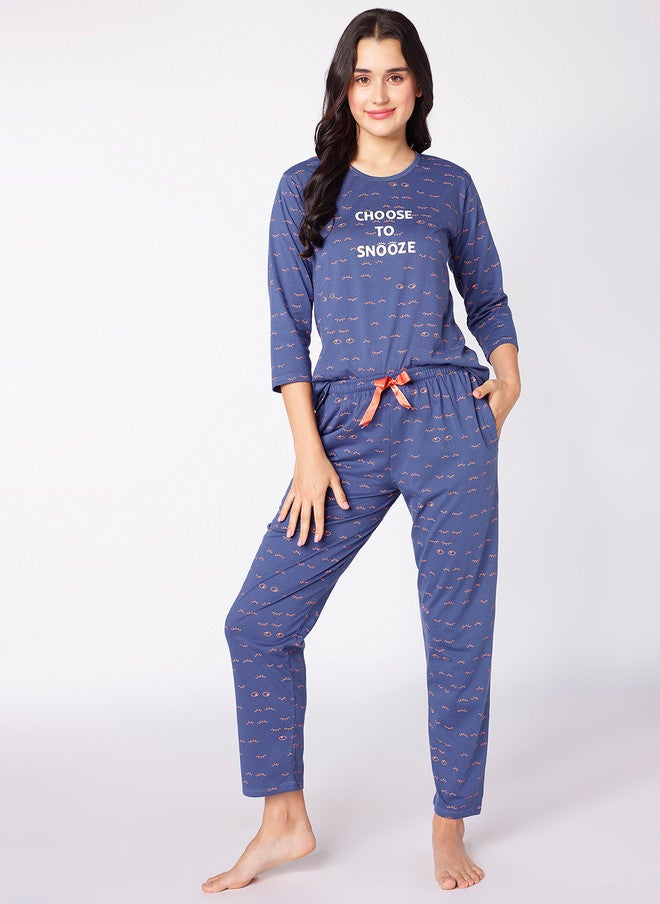 beebelle Navy Blue & White Graphic Printed Night Suit - Image 2