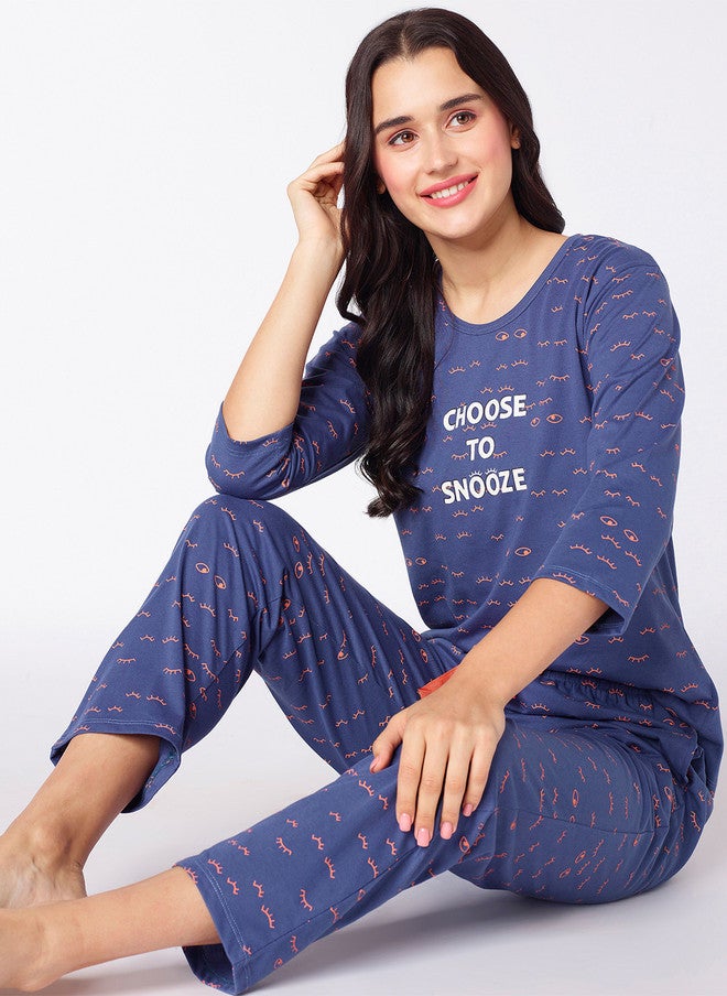 beebelle Navy Blue & White Graphic Printed Night Suit - Image 1