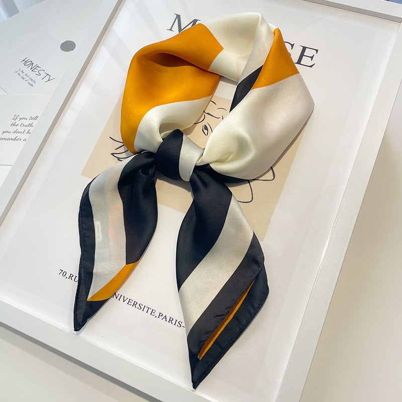 Oil painting small square scarf silk scarf for women Spring Autumn Winter mom matching shirt neck protection scarf scarf scarf 70x70Two-tone color matching 70 square scarf-black and yellow Two-tone color matching 70 square scarf-black and yellow