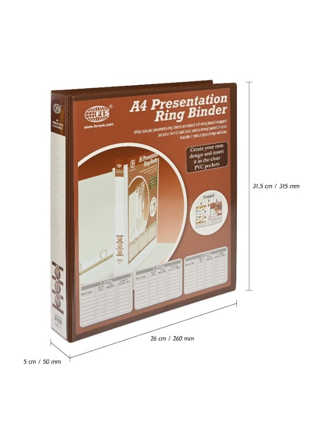 FIS Presentation Binder, 2D Ring Binder, Size Up to A4(210x297mm) Documents, Spine Size 1.50" Inches, Clear PVC Pocket, Easy to Insert Your Cover Design, Brown Color-FSBD225DPBBR  - Image 3