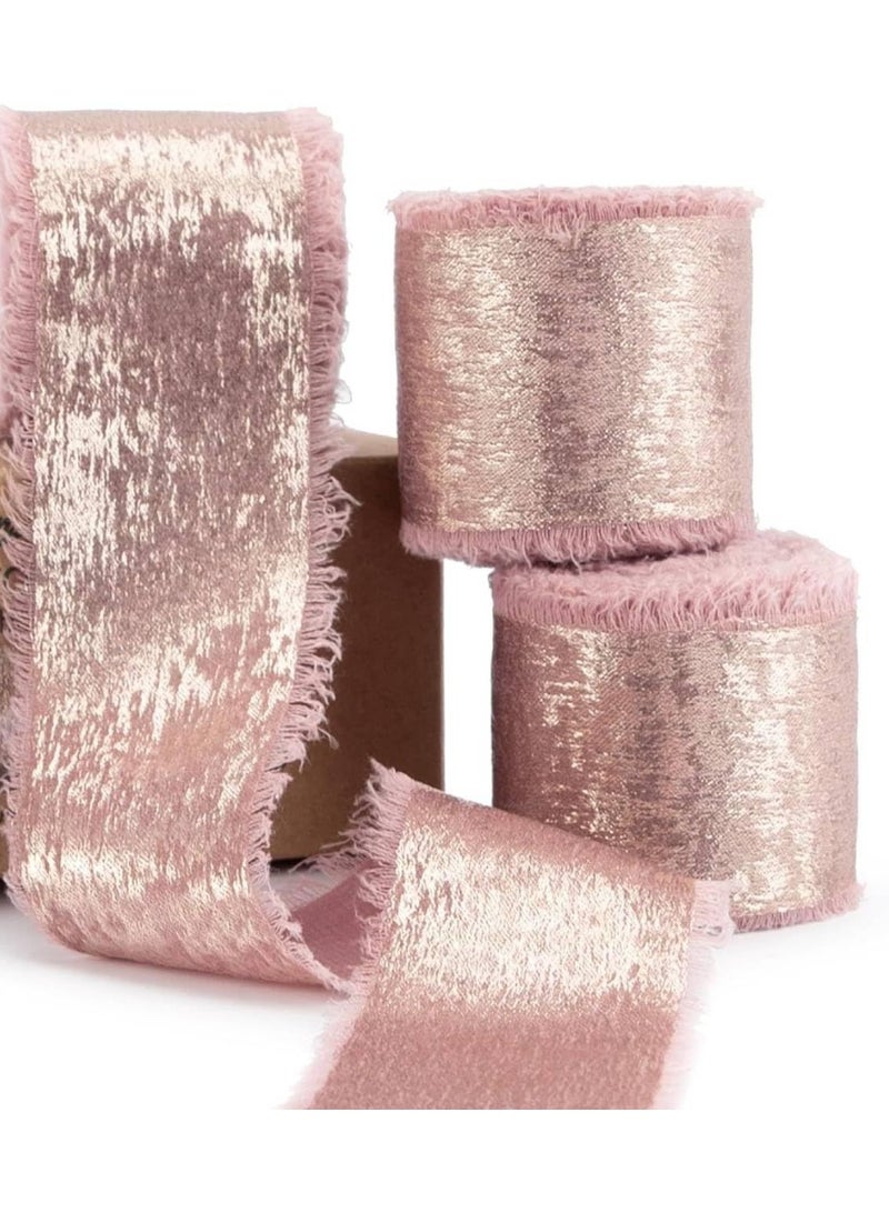 Rose Gold Silk Chiffon Ribbon, Pink Frayed Shimmery Silk Ribbon, for Bridal Flower Bouquet Christmas Gift Wrapping Wedding Decor Invitations Decorations 1.57in x 15 Yards - Image 1