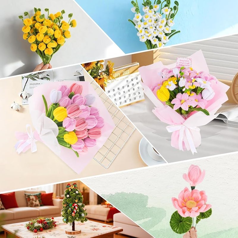 600PCS Pipe Cleaners Craft, Pipe Cleaner Bulk Flower Kit, 6 Colors Chenille Stems Flower Making Kit with Floral Wires, Gardening Tape, Stamen, Floral Wrapping Paper & Ribbon for Art and Craft Supplies - Image 5