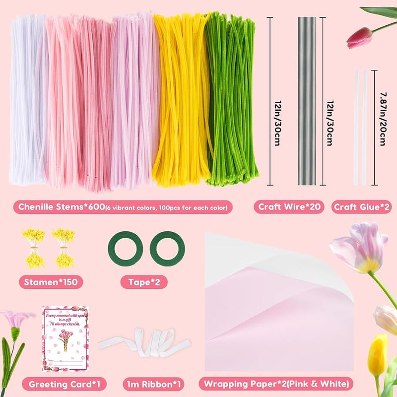 600PCS Pipe Cleaners Craft, Pipe Cleaner Bulk Flower Kit, 6 Colors Chenille Stems Flower Making Kit with Floral Wires, Gardening Tape, Stamen, Floral Wrapping Paper & Ribbon for Art and Craft Supplies - Image 3