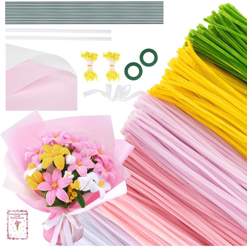 600PCS Pipe Cleaners Craft, Pipe Cleaner Bulk Flower Kit, 6 Colors Chenille Stems Flower Making Kit with Floral Wires, Gardening Tape, Stamen, Floral Wrapping Paper & Ribbon for Art and Craft Supplies - Image 1