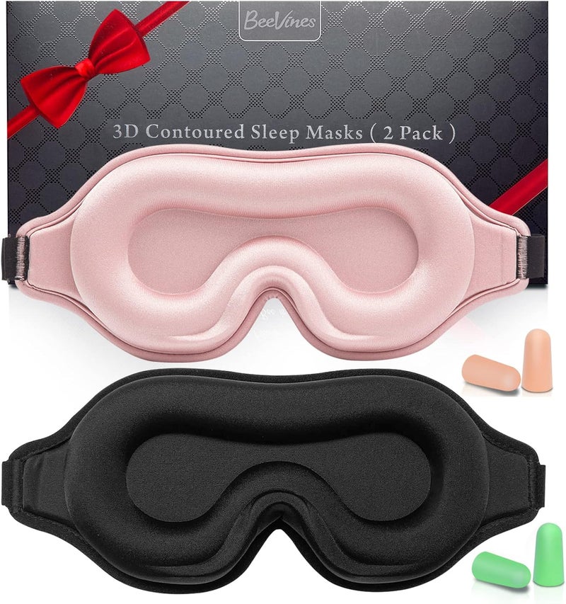 BeeVines Sleep Mask, 2 Pack 3D Contoured Sleeping Eye Masks for Lash Extensions, Night Molded Mask with Adjustable Strap, Eye Shade Cover Lashes Extension for Traveling Yoga Nap