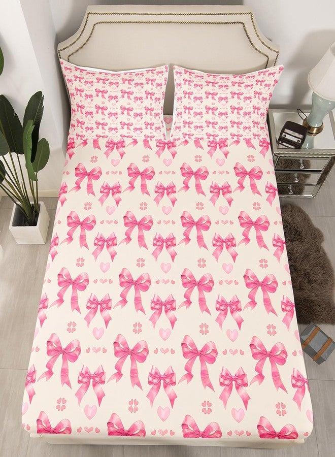Man Fei Cute Bowknot Bedding Set Twin Size Dreamy Pink Bow Princess Style Bed Set for Teens Kids Sheet Microfiber Watercolor Love Hearts Graffiti Girly Bed Cover(1 Fitted Sheet+1 Pillow Case) - Image 1