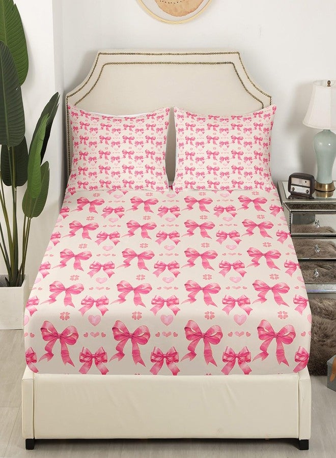 Man Fei Cute Bowknot Bedding Set Twin Size Dreamy Pink Bow Princess Style Bed Set for Teens Kids Sheet Microfiber Watercolor Love Hearts Graffiti Girly Bed Cover(1 Fitted Sheet+1 Pillow Case) - Image 3