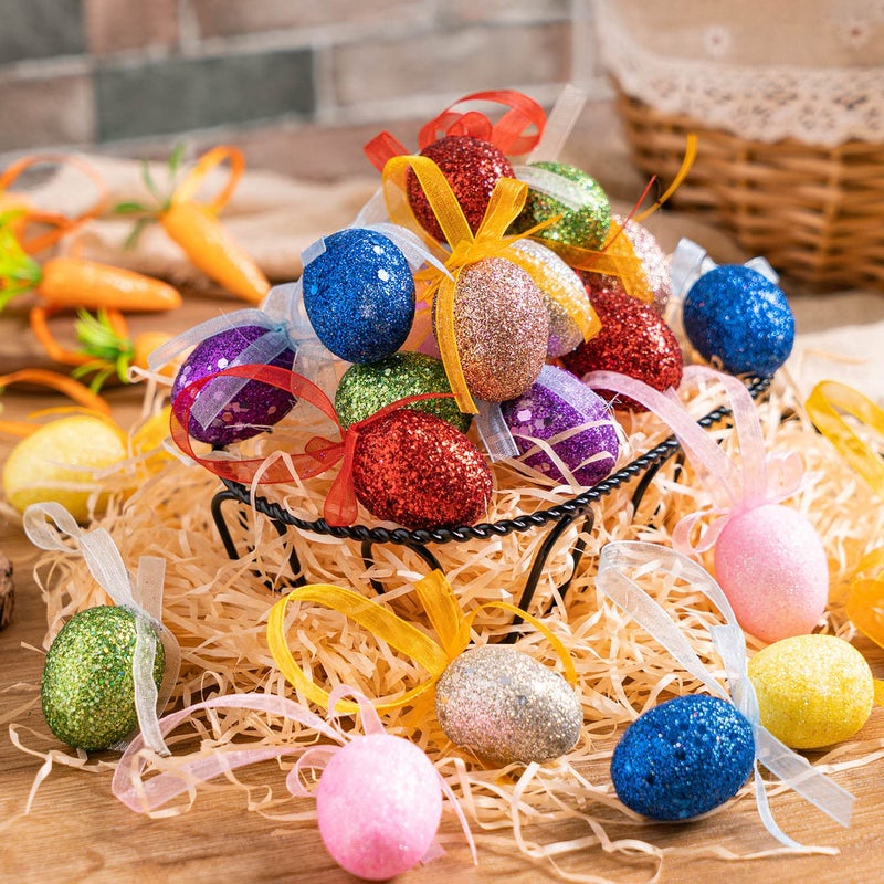 ZHBDMGK Happy Easter Hanging Eggs for Tree, 24Pcs Colorful Foam Eggs Shiny Easter Hanging Ornament in 8 Colors for Easter Party Home Spring Tree Decoration - Image 4