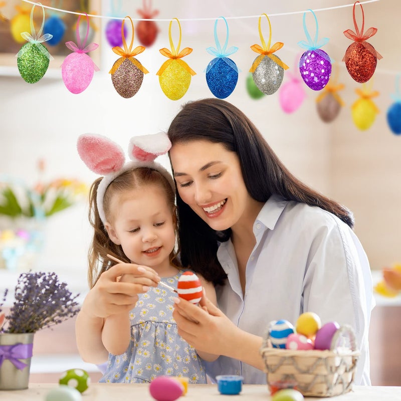 ZHBDMGK Happy Easter Hanging Eggs for Tree, 24Pcs Colorful Foam Eggs Shiny Easter Hanging Ornament in 8 Colors for Easter Party Home Spring Tree Decoration - Image 5