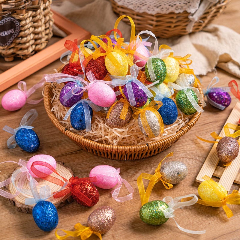 ZHBDMGK Happy Easter Hanging Eggs for Tree, 24Pcs Colorful Foam Eggs Shiny Easter Hanging Ornament in 8 Colors for Easter Party Home Spring Tree Decoration - Image 3