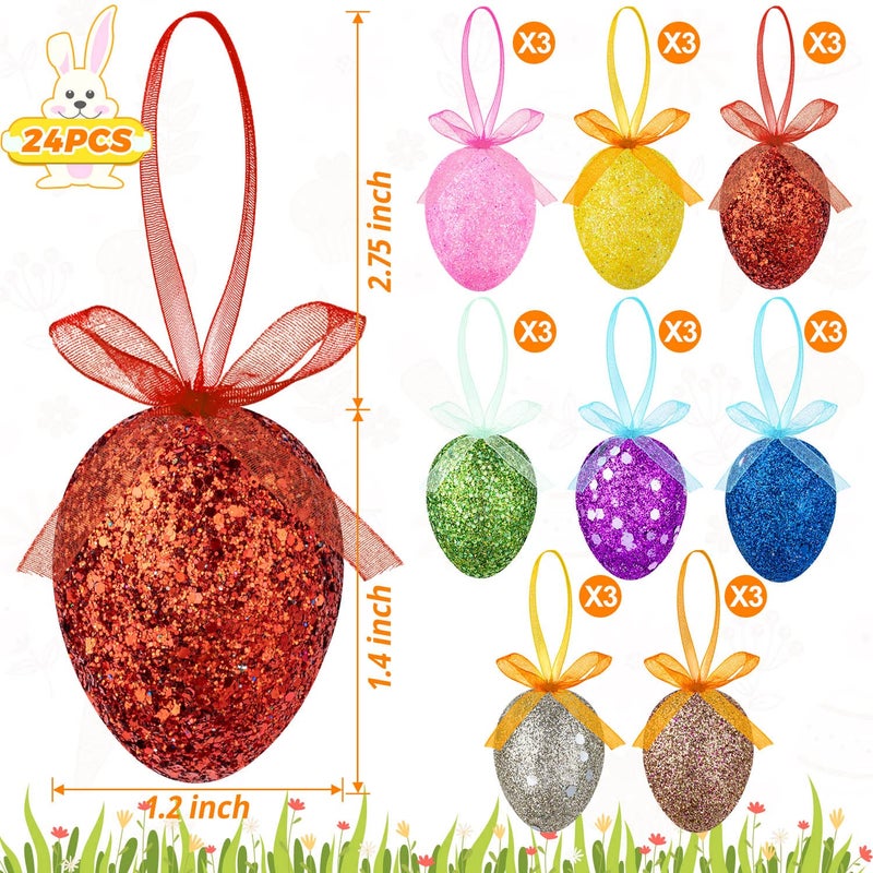ZHBDMGK Happy Easter Hanging Eggs for Tree, 24Pcs Colorful Foam Eggs Shiny Easter Hanging Ornament in 8 Colors for Easter Party Home Spring Tree Decoration - Image 2
