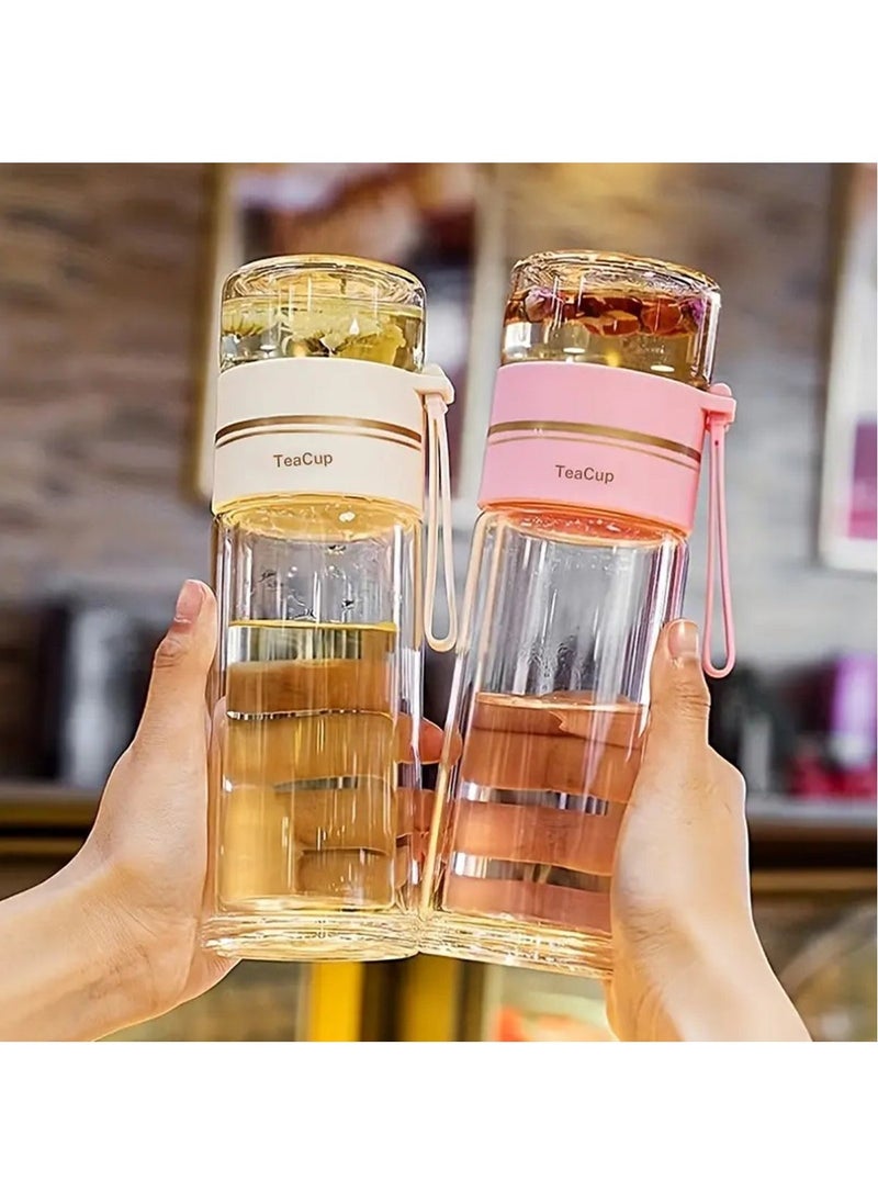 Hihonor - Tea Infuser Bottle,Coffee Mug & Water Bottle with Tea Separation,Clear Double Wall Glass Water Bottle,Portable Travel Water Separation Tea Bottle Mug Cup with Tea Infuser for Women Men (Pink 520ml) - Image 1