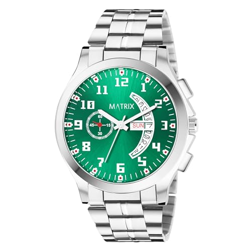 Matrix Blue, Black & Silver Dial, Day & Date Functioning, Stainless Steel Strap Analog Watch for Men & Women (Green) - Image 1