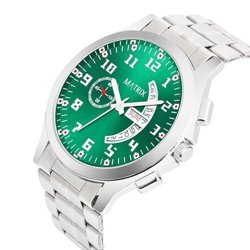 Matrix Blue, Black & Silver Dial, Day & Date Functioning, Stainless Steel Strap Analog Watch for Men & Women (Green) - Image 2