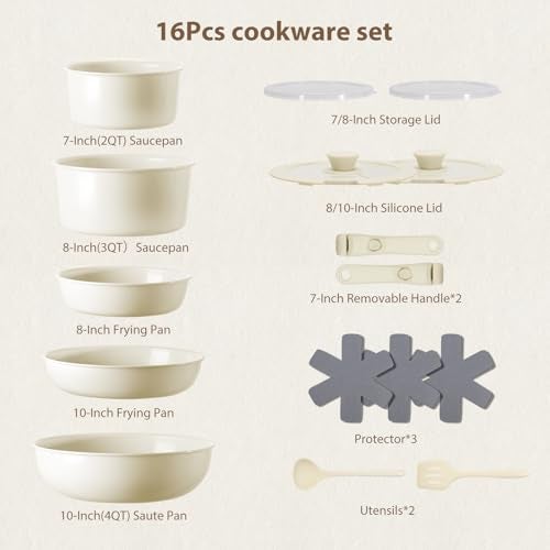 SNOWCLAD Pots and Pans Non Stick,16Pcs Ceramic Nonstick Cookware Sets, Induction Kitchen tagines Set with Removable Handle, Cooking Frying Pans & Saucepans(PFOA Free), Oven/Dishwasher/Fridge Safe, Space Saving - Image 3