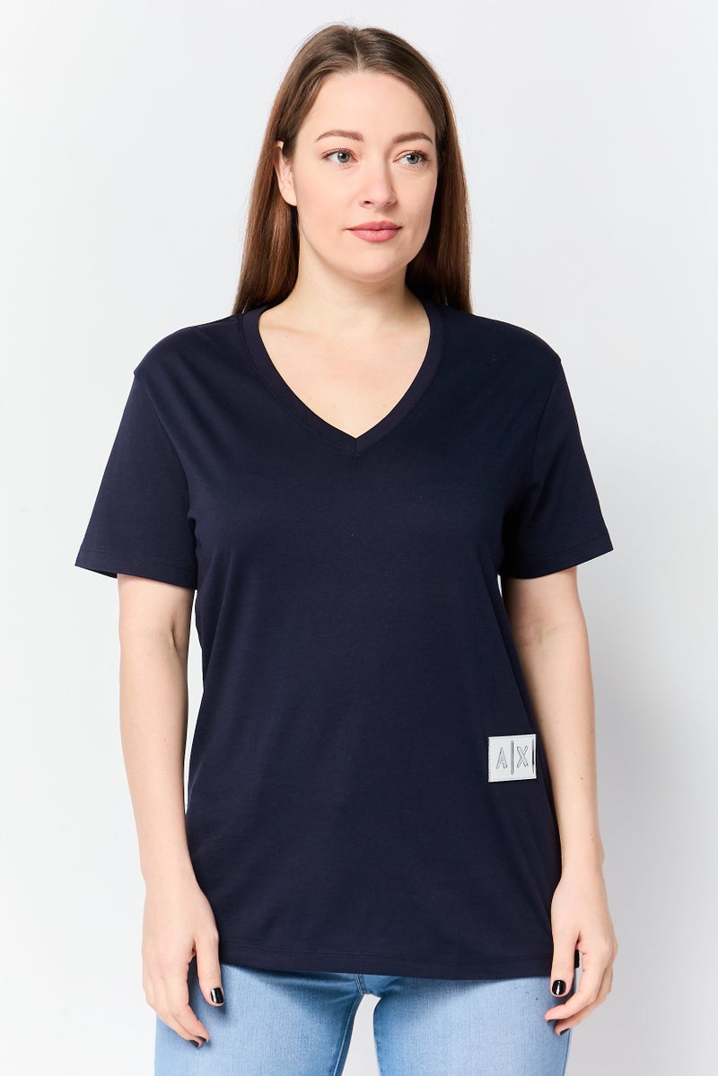 armani AX Armani Exchange Women V-Neck Short Sleeve Brand Logo T-Shirt, Navy - Image 1
