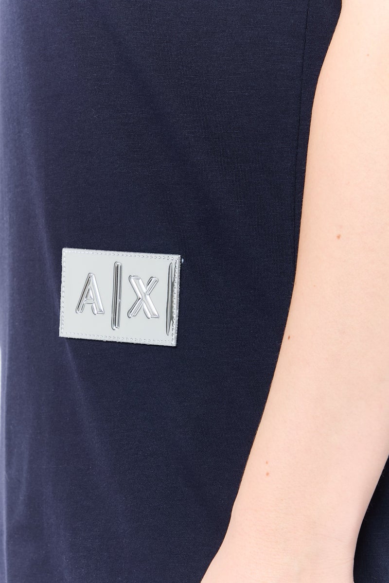 armani AX Armani Exchange Women V-Neck Short Sleeve Brand Logo T-Shirt, Navy - Image 3